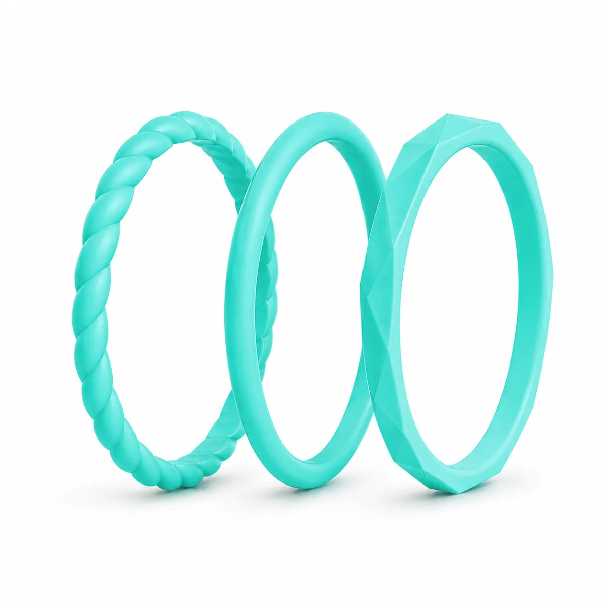 Norelva Aqua stackable silicone rings for women, 3-pack wedding band set on white background