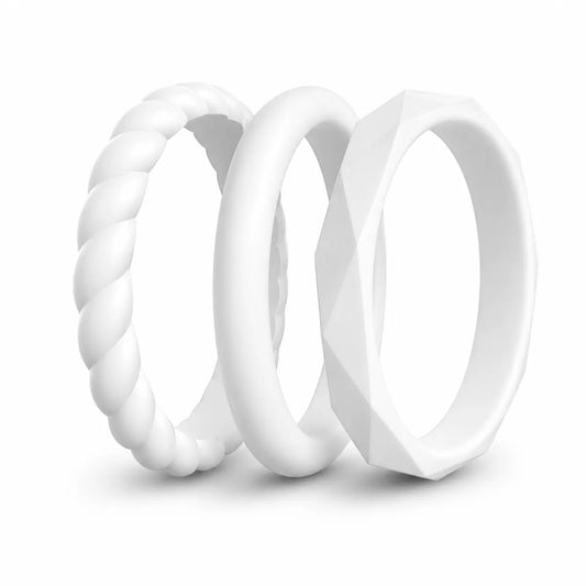 Norelva Arctic White stackable silicone rings for women, 3-pack wedding band set on white background