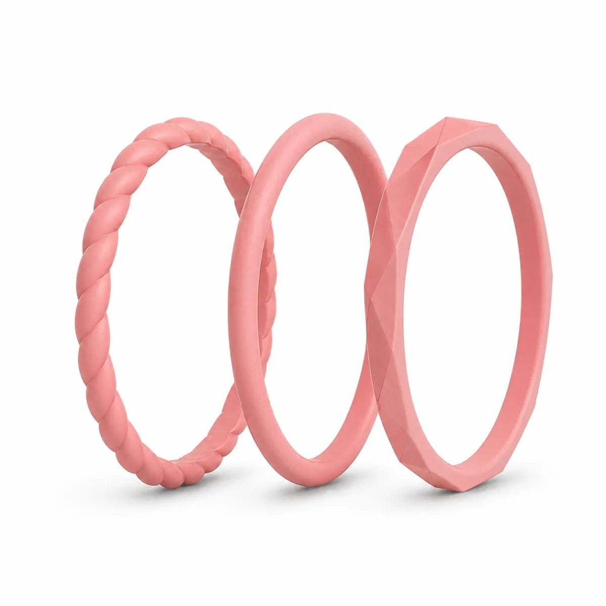 Norelva Coral stackable silicone rings for women, 3-pack wedding band set on white background