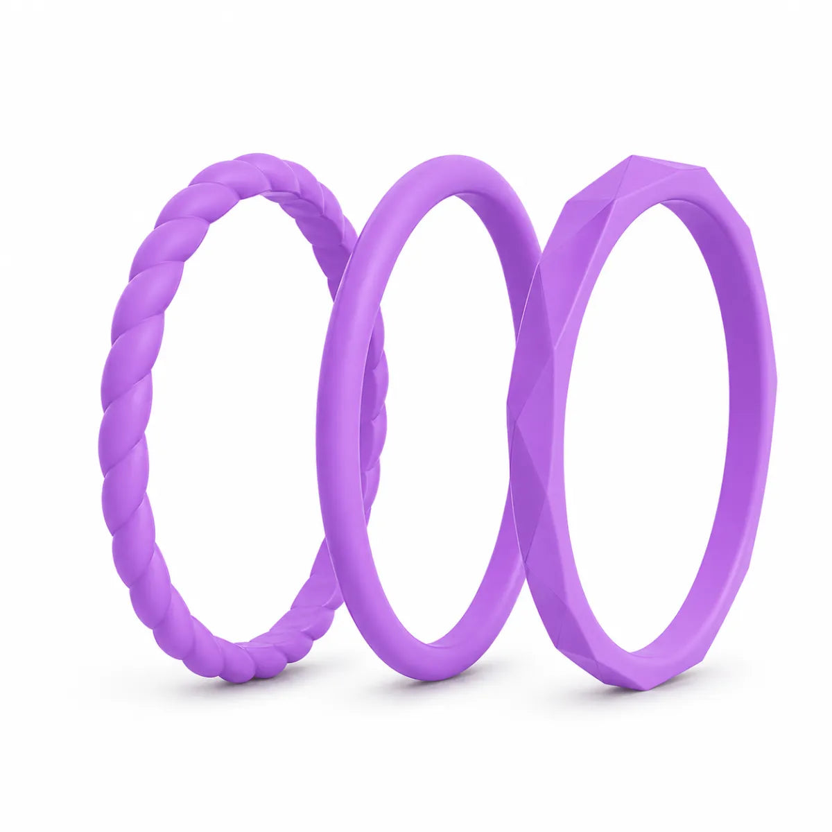 Norelva Lilac stackable silicone rings for women, 3-pack wedding band set on white background