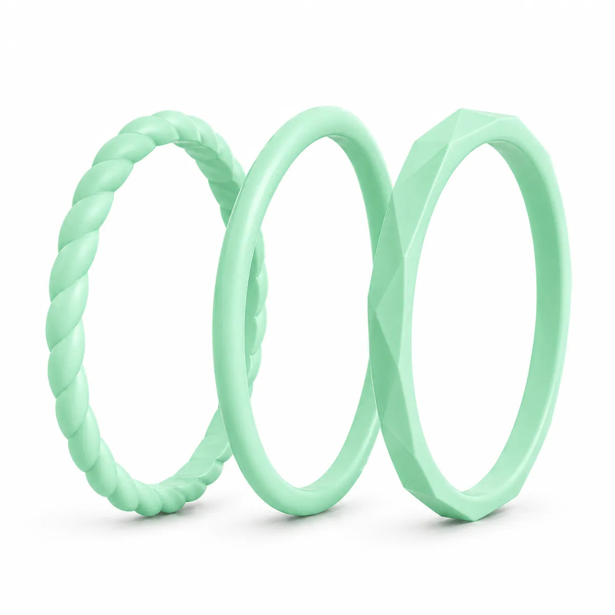 Norelva Mint stackable silicone rings for women, 3-pack wedding band set on white background