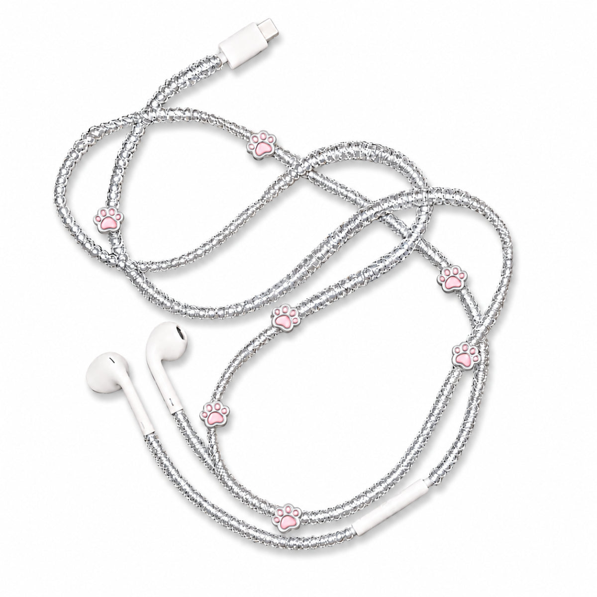 Paw print silver earphone charm wrap — cat lover handmade headphone accessory