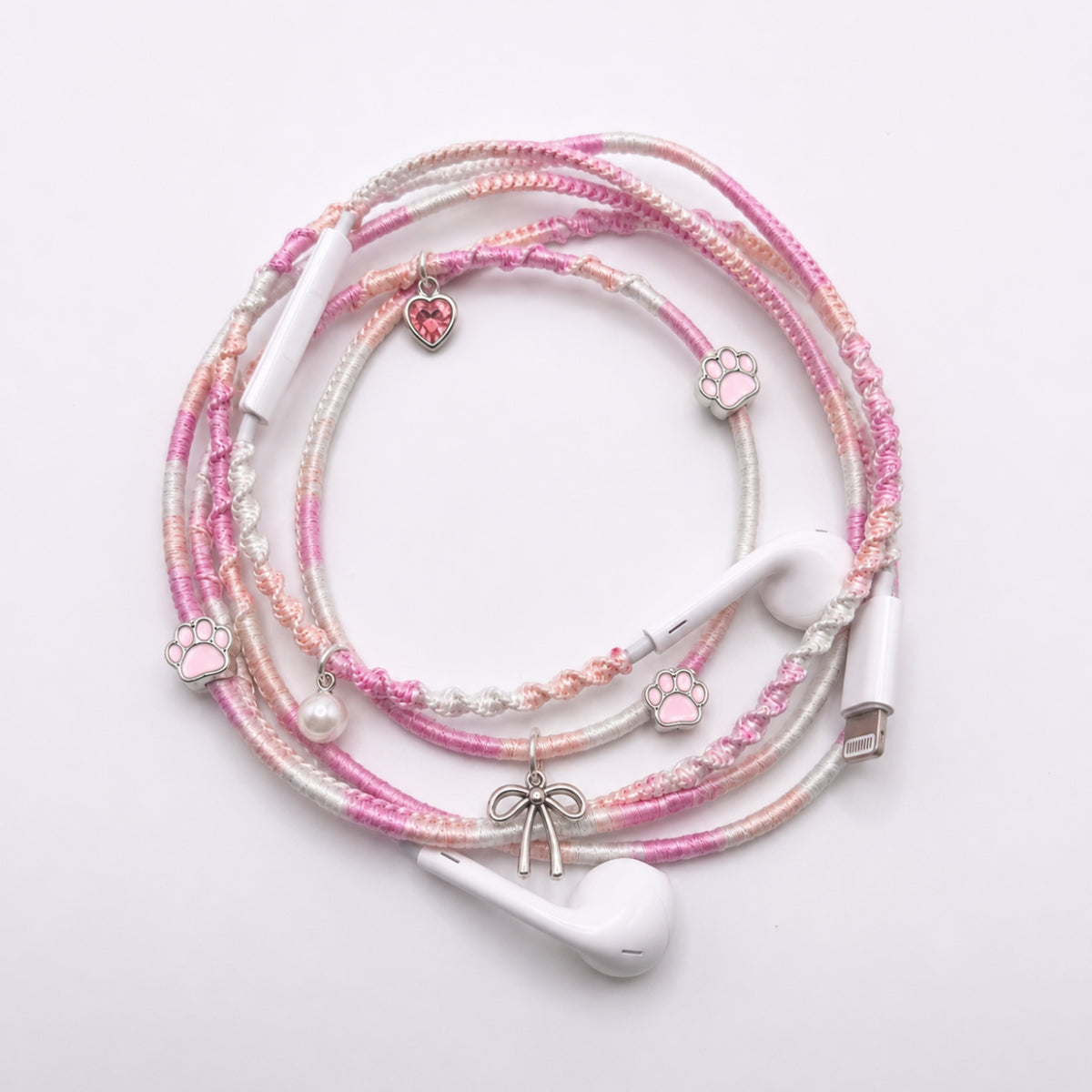 Pearl and bow coquette pink earphone charm wrap — handmade headphone accessory