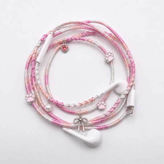Pearl and bow coquette pink earphone charm wrap — handmade headphone accessory