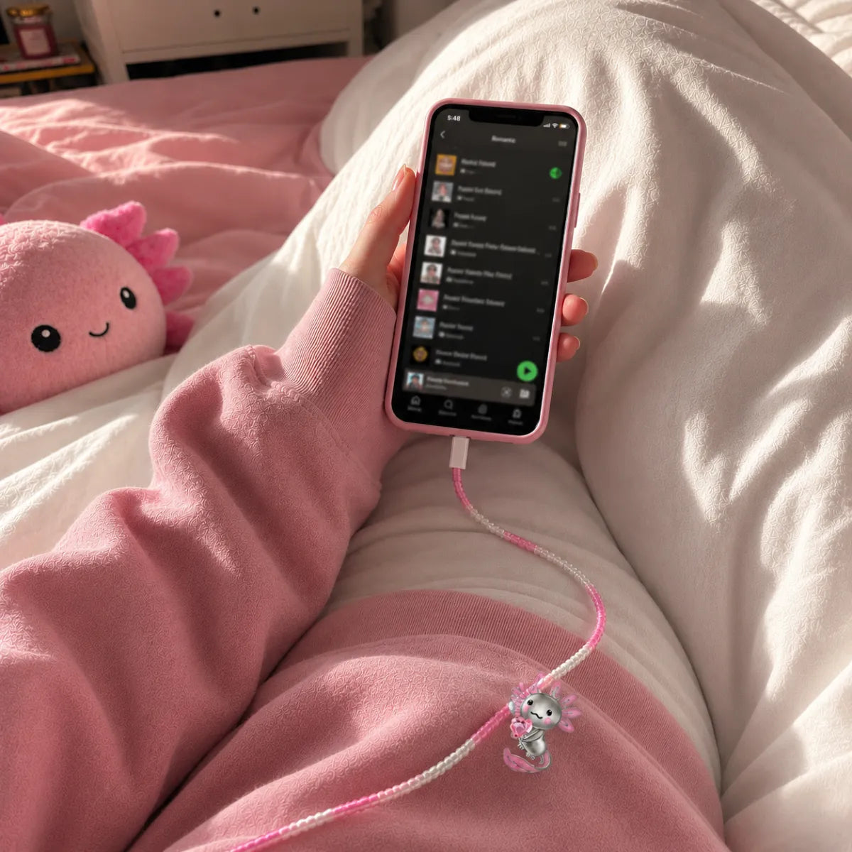  Young woman in pink hoodie holding phone in bed with the pink axolotl earphone wrap plugged in and the silver axolotl charm visible on the cord 