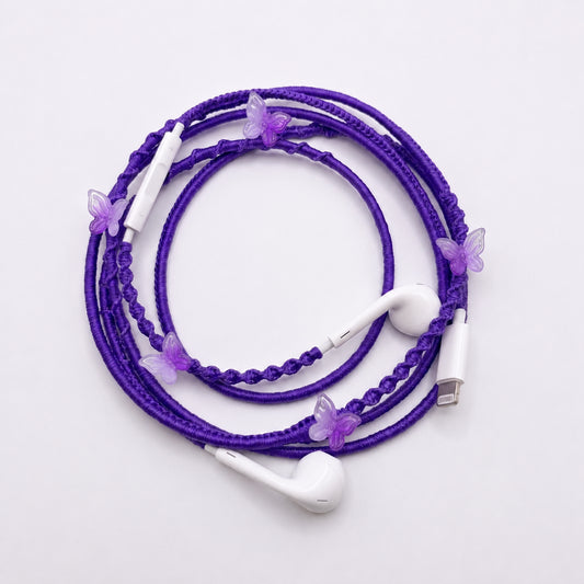 Violet butterfly earphone charm wrap — purple handmade headphone accessory
