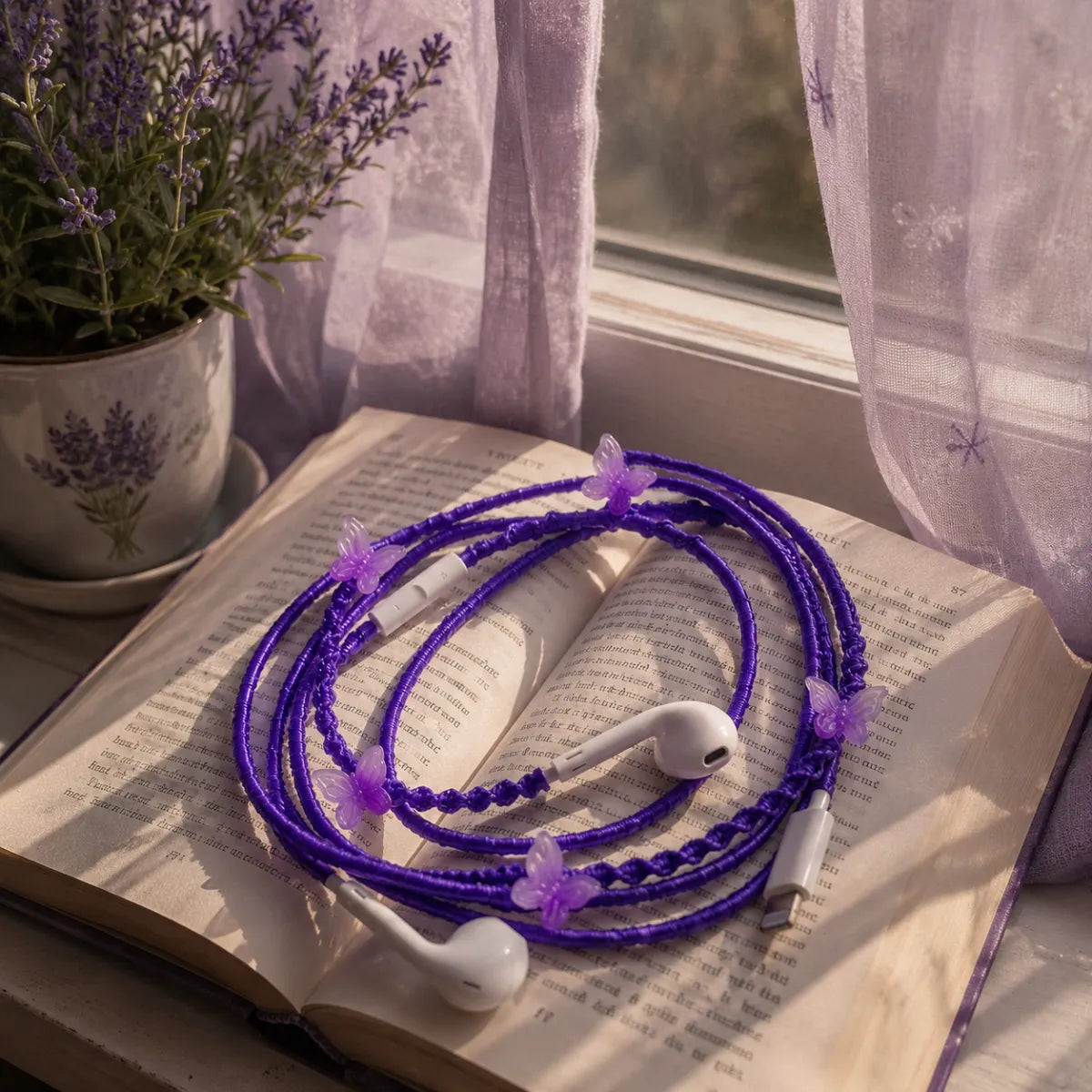  Purple butterfly earphones on an open hardcover novel on a window ledge with sheer purple curtains and a small potted lavender plant in warm afternoon light 