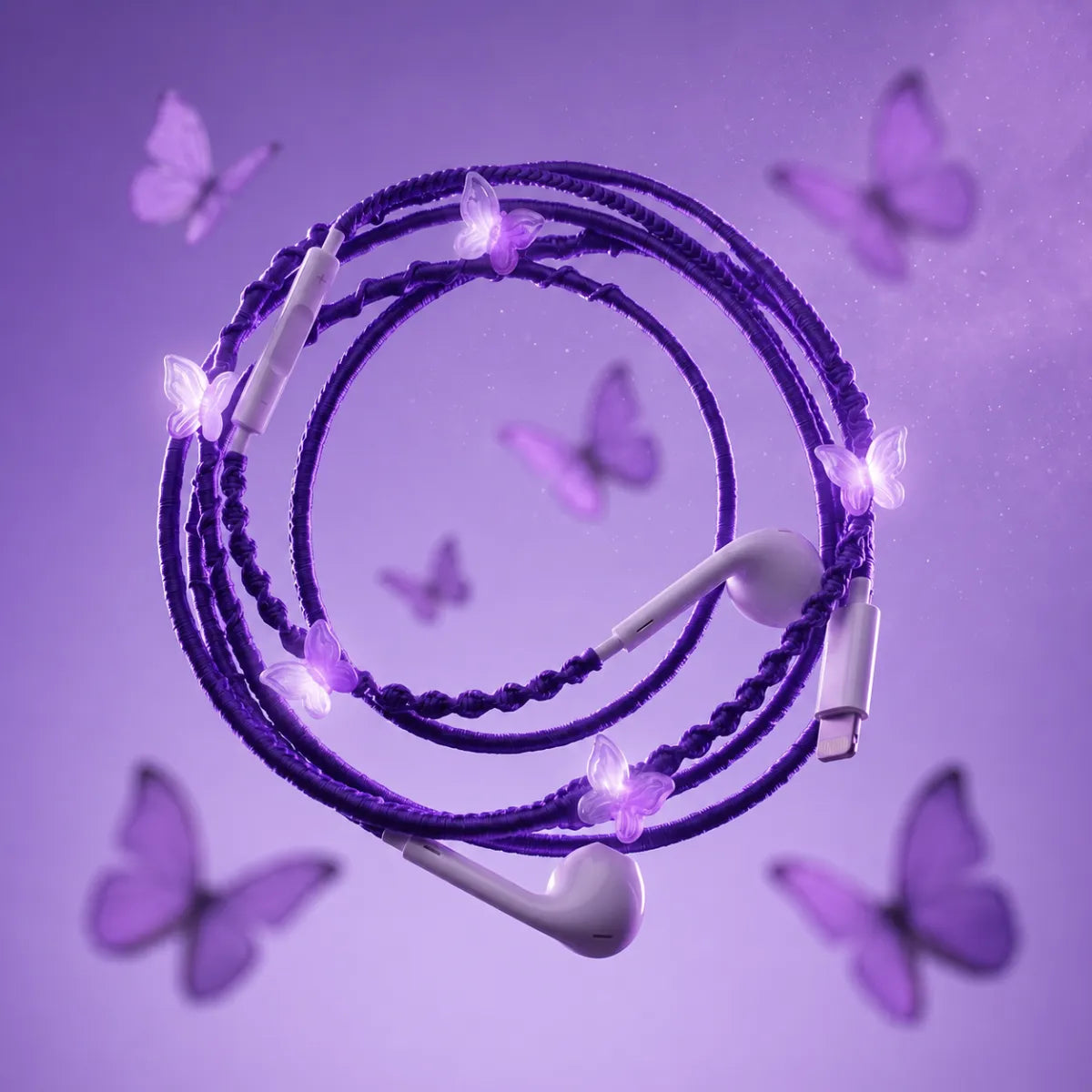  Royal purple wrapped earphones with translucent butterfly charms suspended against lavender-violet gradient with floating butterflies, fairycore hero ad 