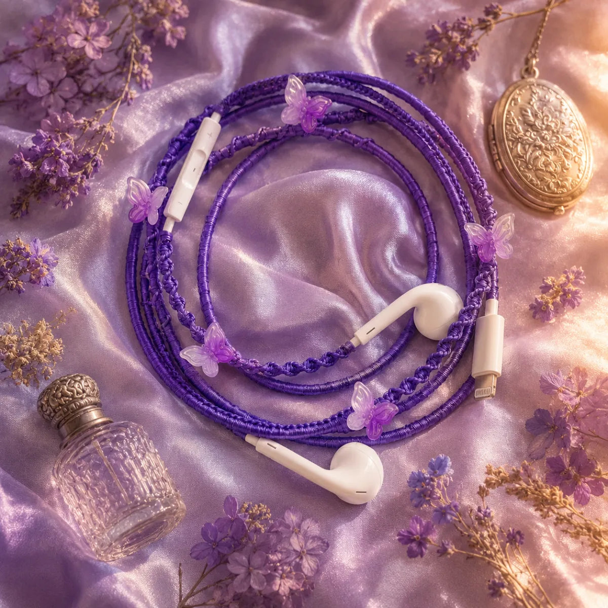  Purple butterfly earphones laid across crinkled lavender silk fabric with pressed dried flowers, silver locket and glass perfume bottle in golden hour 