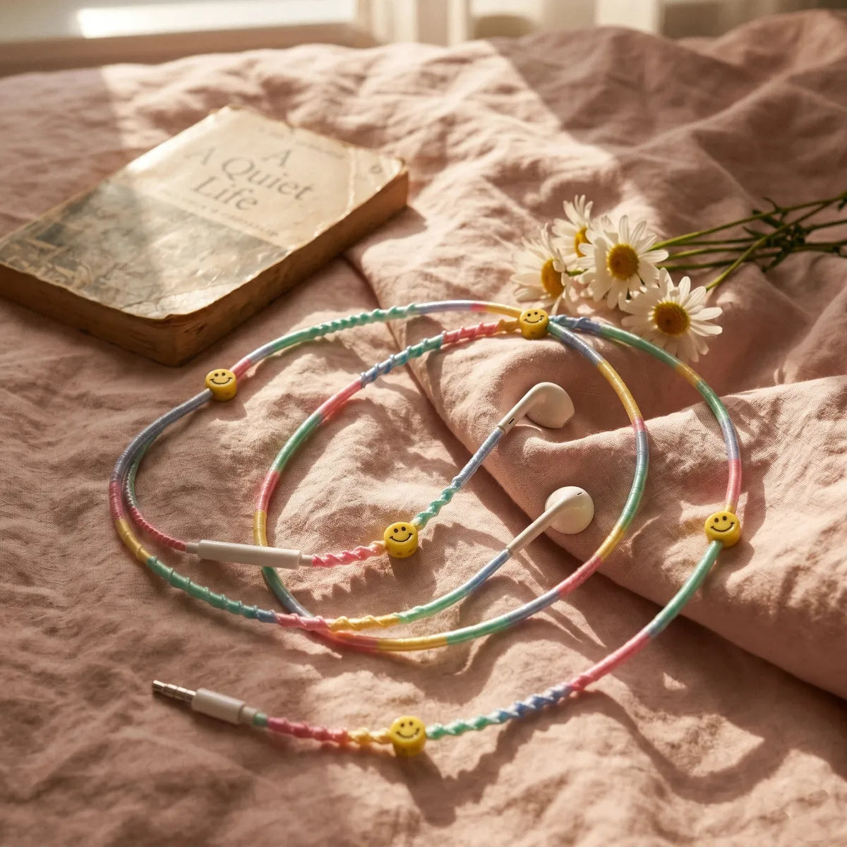  Pastel rainbow smiley earphones on rumpled soft-pink linen bedding with fresh daisies and a paperback book in warm morning light 
