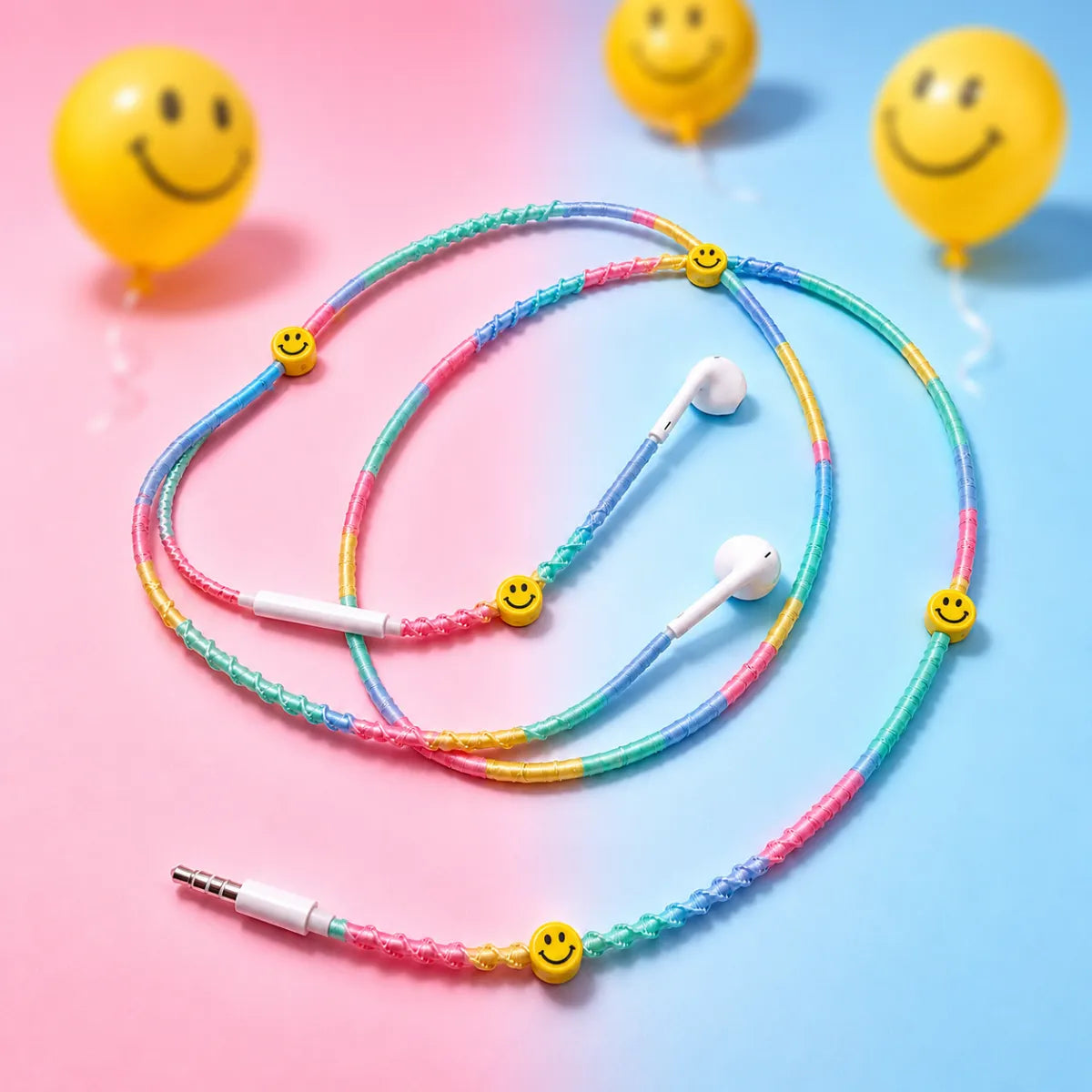 Pastel rainbow wrapped earphones with yellow smiley face charms laid in an S-curve on a pink and blue split background, candy pop hero ad 