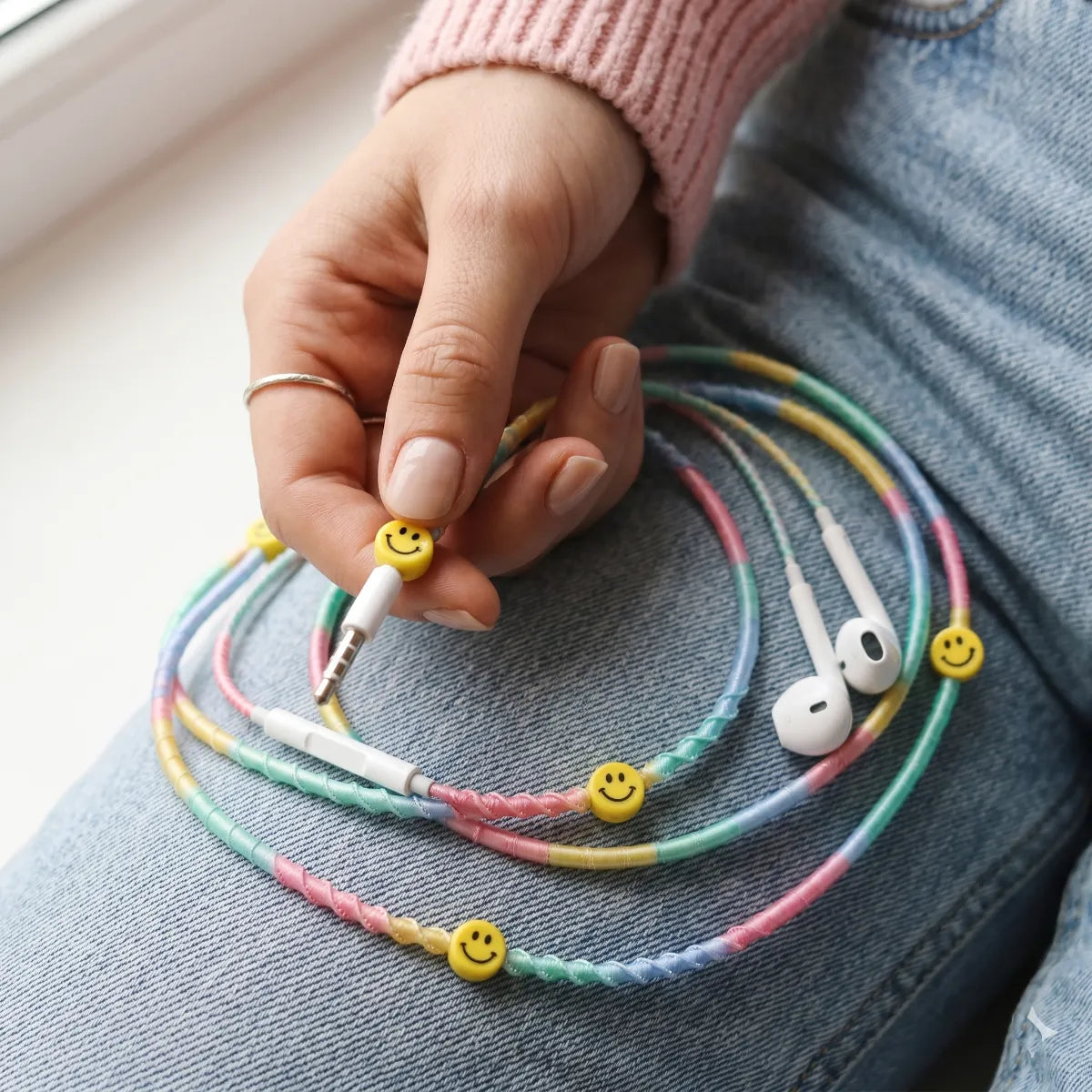  Hand holding pastel rainbow smiley earphones over light-wash denim jeans with pastel pink sweater cuff, casual outfit lifestyle shot 