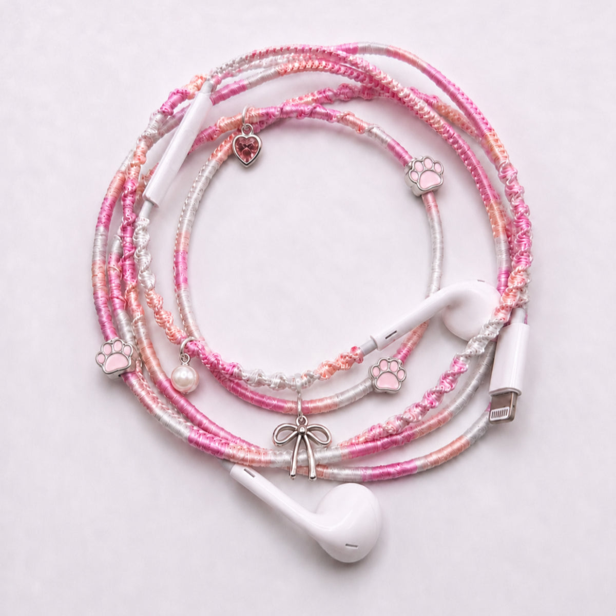 Rose heart pink earphone charm wrap — handmade headphone decoration coquette