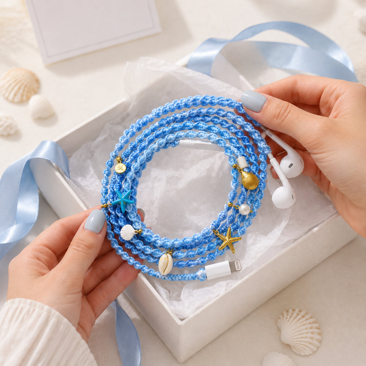  Hands with milky blue nails lifting blue braided shell charm earphones from a white gift box with pale blue ribbon 