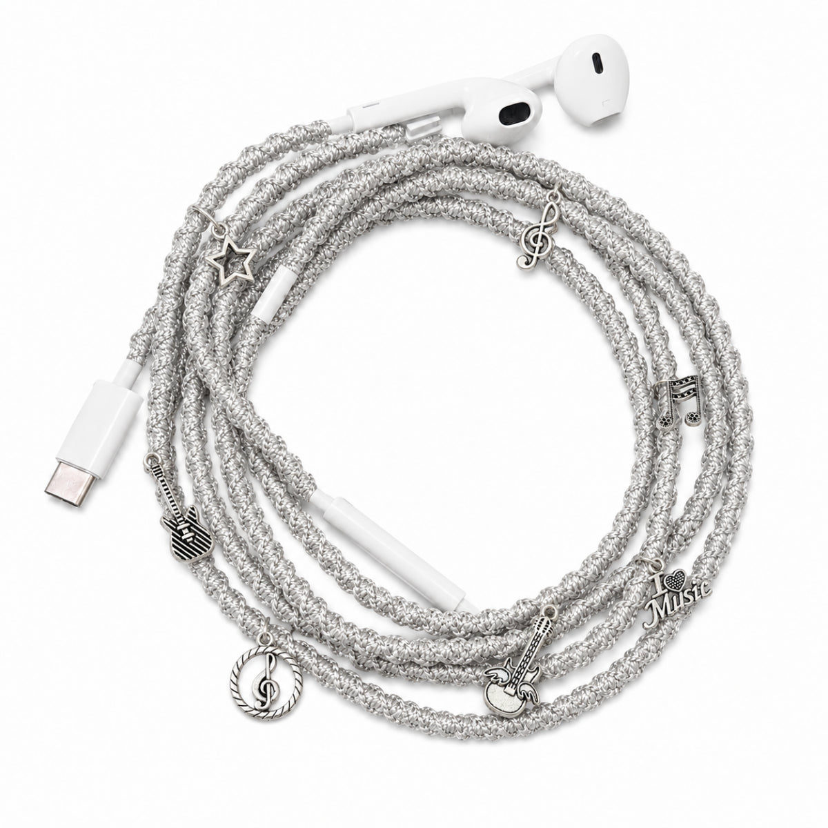 Celestial silver earphone charm wrap — star moon handmade headphone accessory