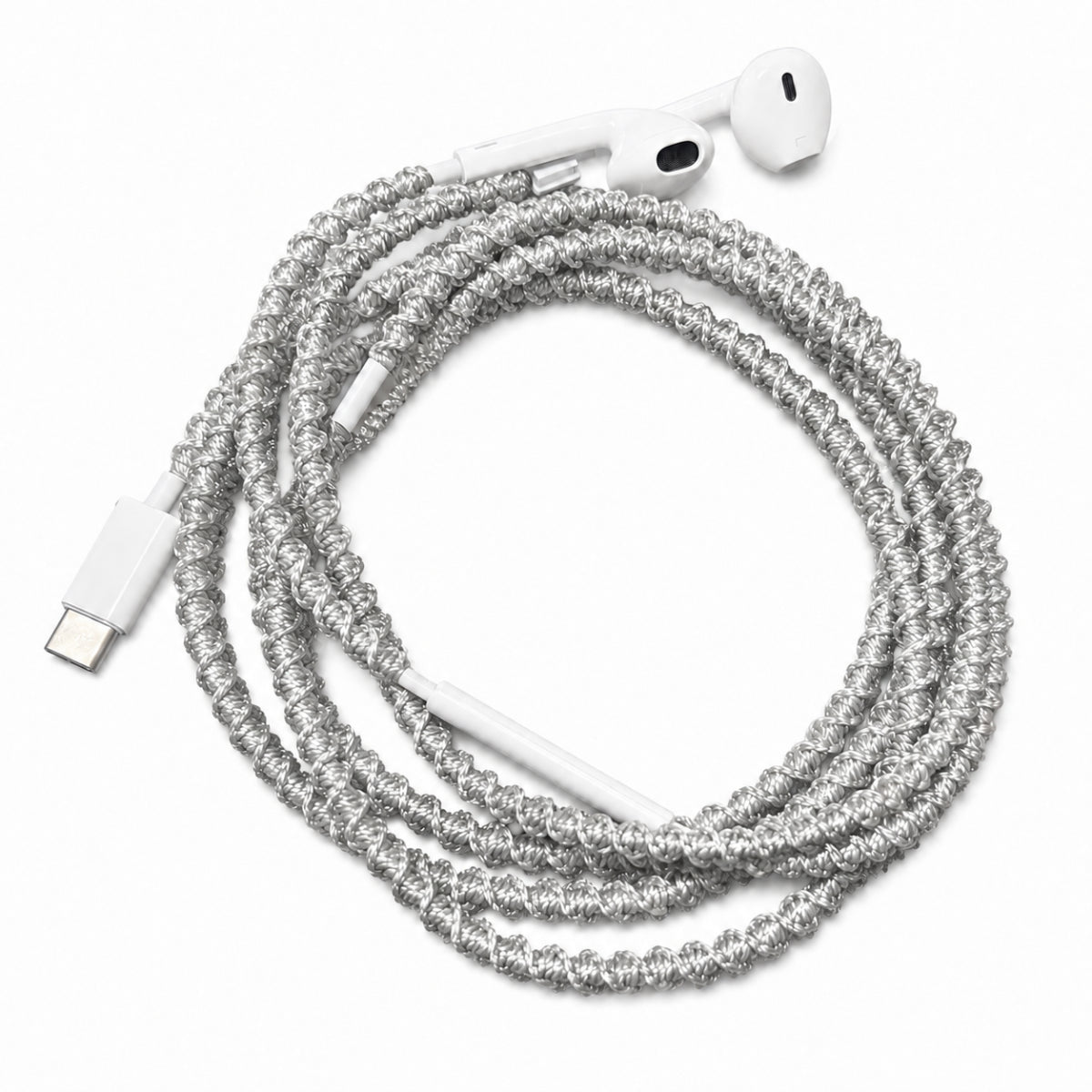 Silver shimmer minimal earphone wrap — handmade wired headphone accessory