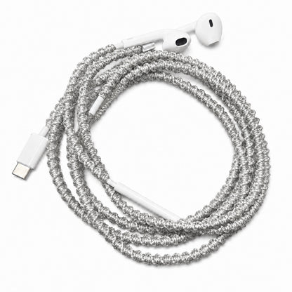 Silver shimmer minimal earphone wrap — handmade wired headphone accessory