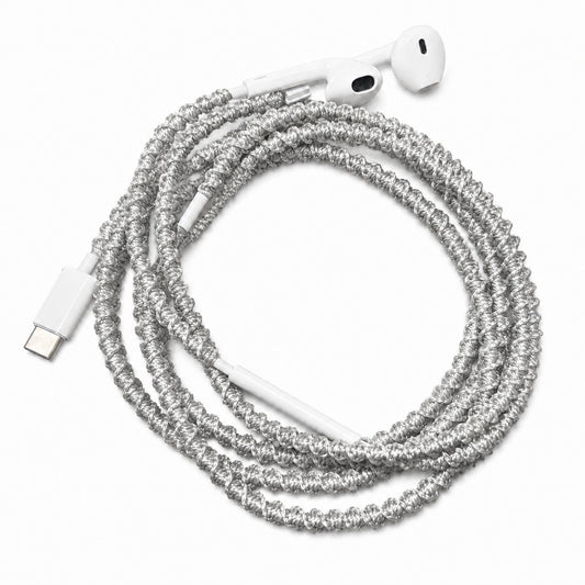 Silver shimmer minimal earphone wrap — handmade wired headphone accessory