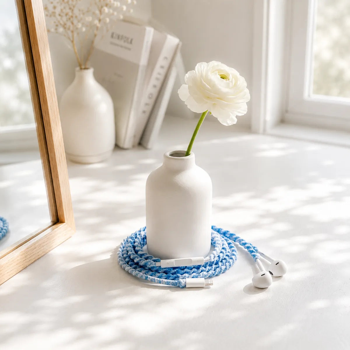 Sky blue crochet wrapped earphones coiled around the base of a small white vase with a single white blossom on a clean white desk in soft window light 