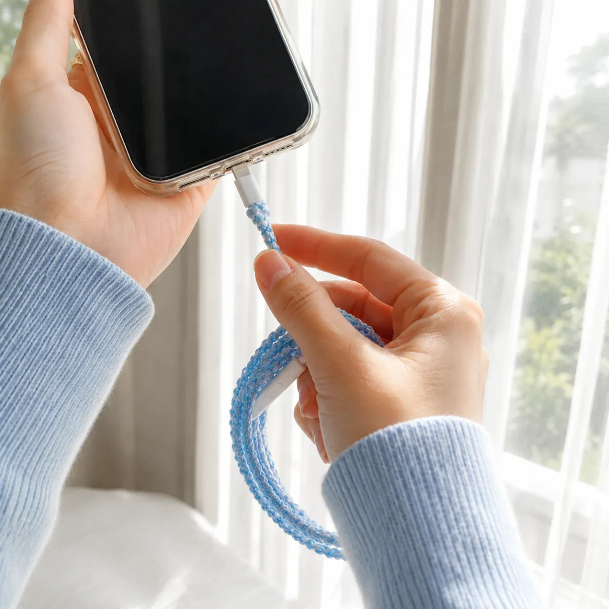  First person POV of a hand plugging sky blue crochet wrapped earphones into a smartphone at a bright sunny window with white sheer curtains and a clean morning glow 