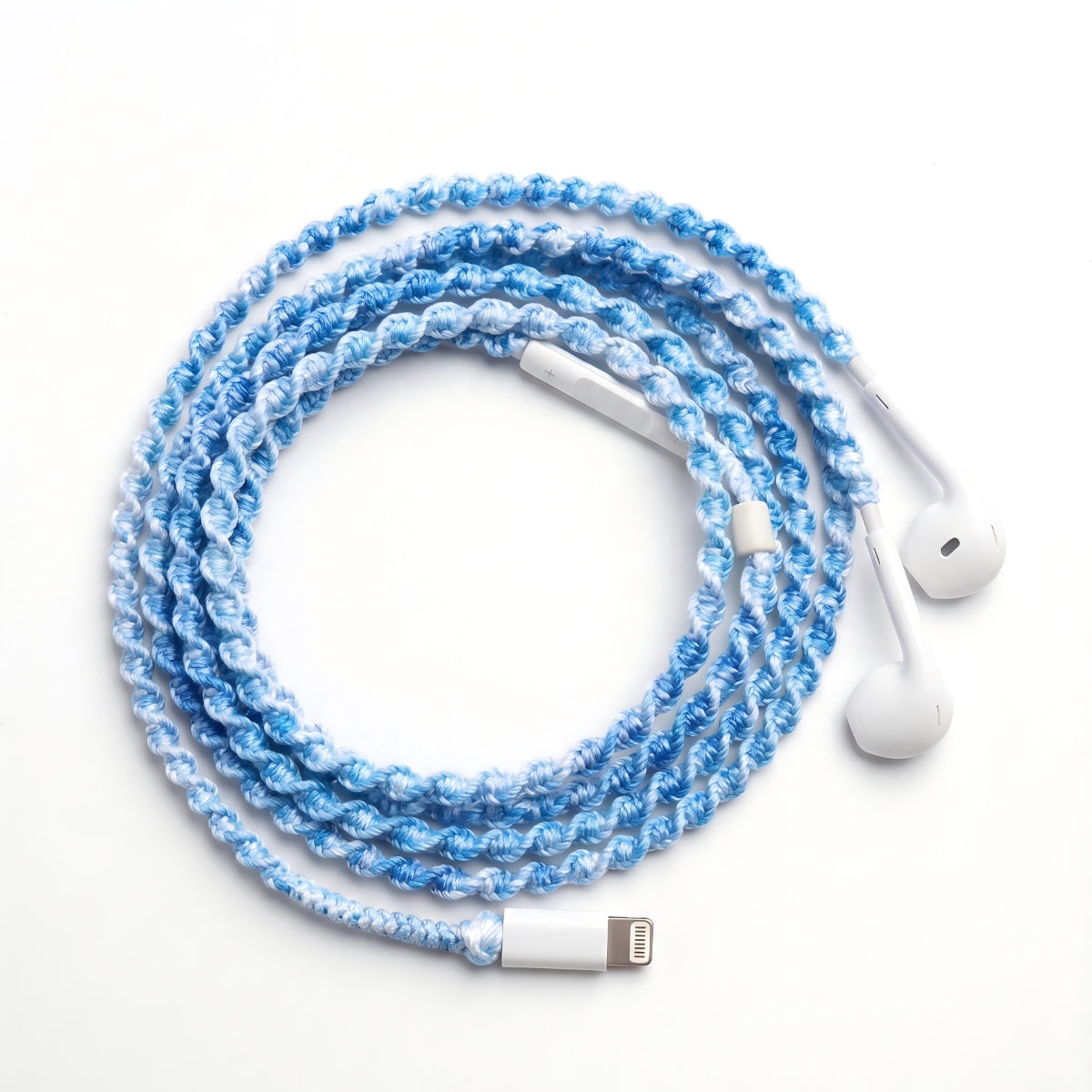 Sky blue crochet earphone wrap — handmade wired headphone cover