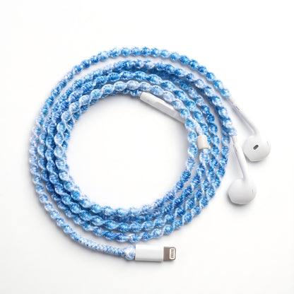 Sky blue crochet earphone wrap — handmade wired headphone cover