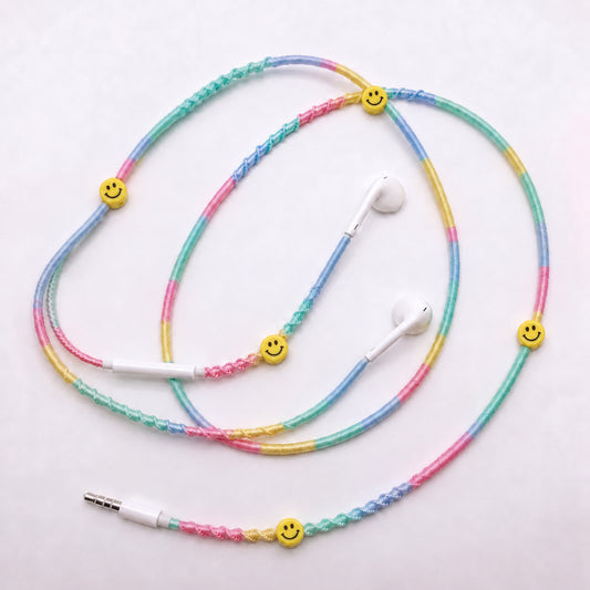 Smiley face earphone charm wrap — happy Y2K handmade headphone accessory