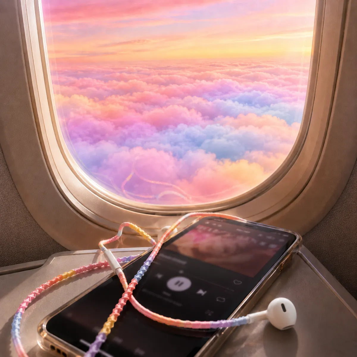  Pastel rainbow earphone wrap in airplane window foreground with matching pastel cotton-candy clouds visible below at altitude during travel 