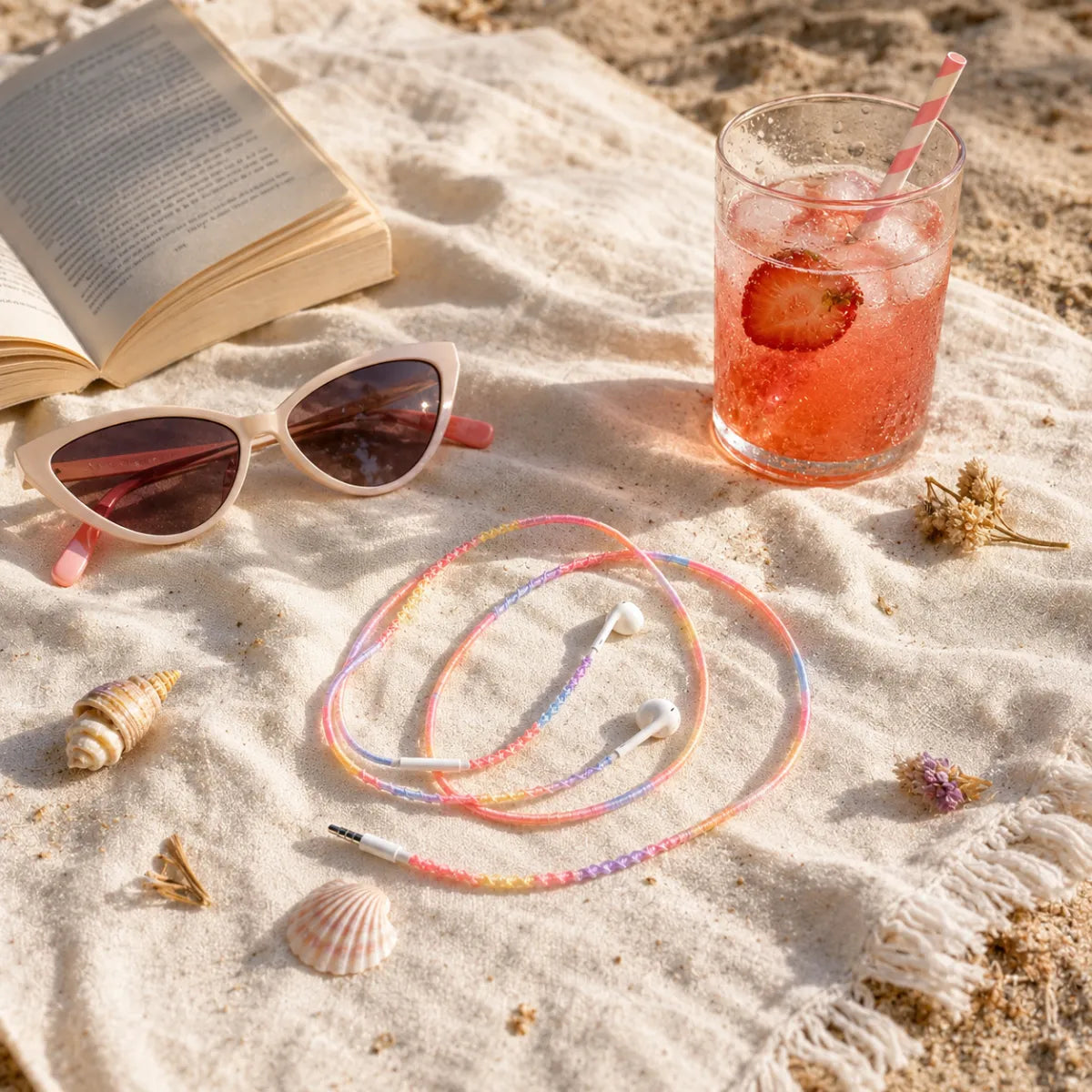  Pastel rainbow earphone wrap on a cream beach blanket with seashells, sunglasses, open paperback novel, and iced strawberry lemonade 