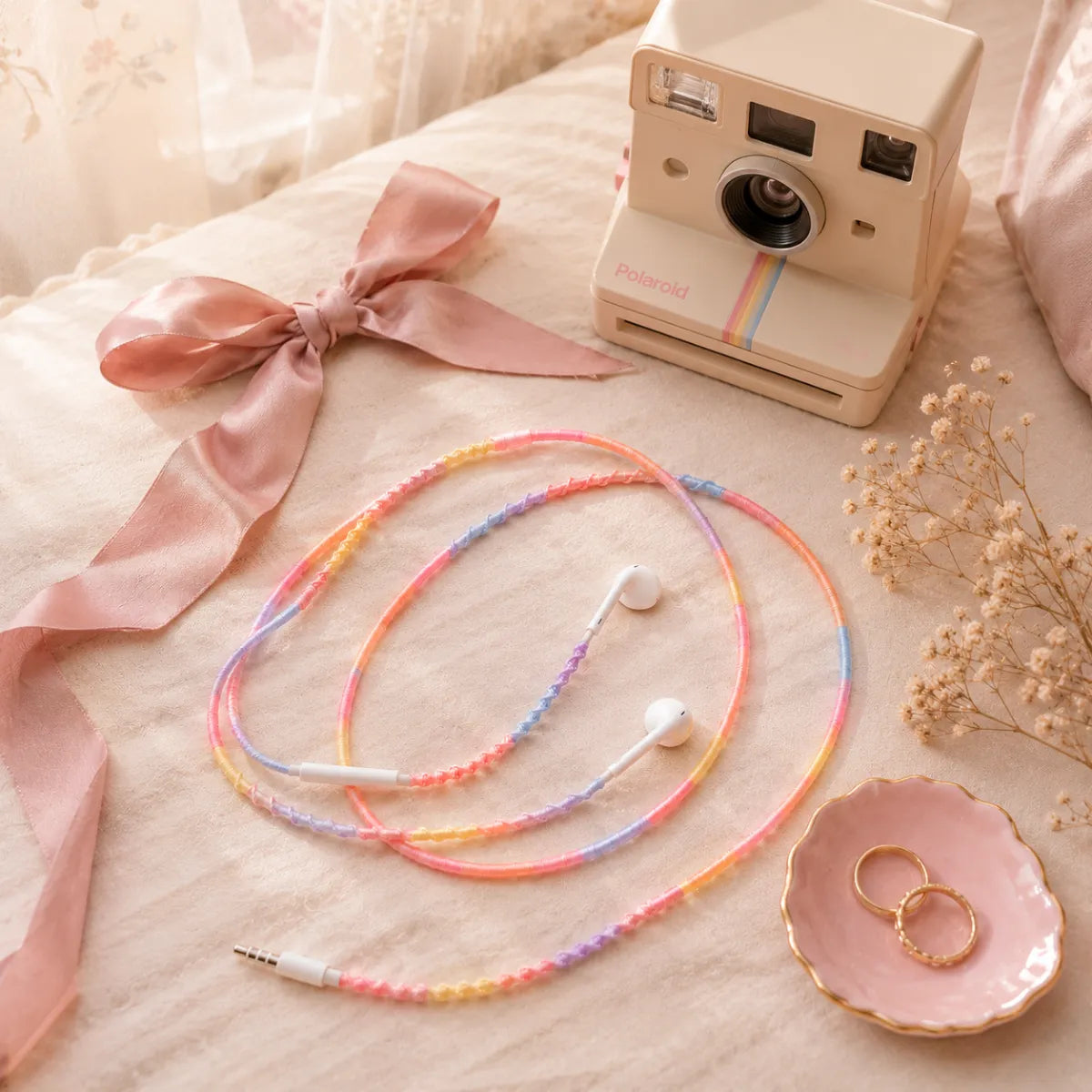  Pastel sunset earphone wrap on a cream linen pillowcase with dusty pink hair ribbon, vintage Polaroid camera, baby's breath, and gold stack rings 