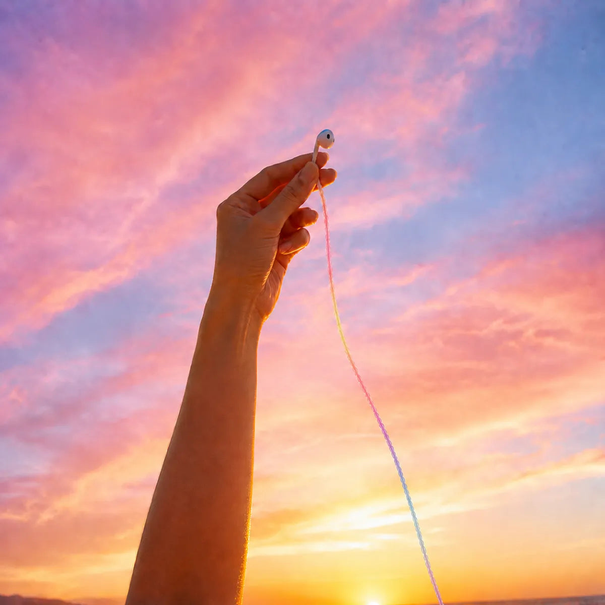  Pastel sunset earphone wrap held up against a real cotton-candy sunset sky with matching pink peach lavender and blue gradient colors 