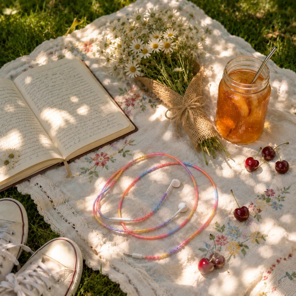 Pastel rainbow earphone wrap on an embroidered picnic blanket in dappled park sunlight with fresh white daisies, peach tea, cherries, and white sneakers 