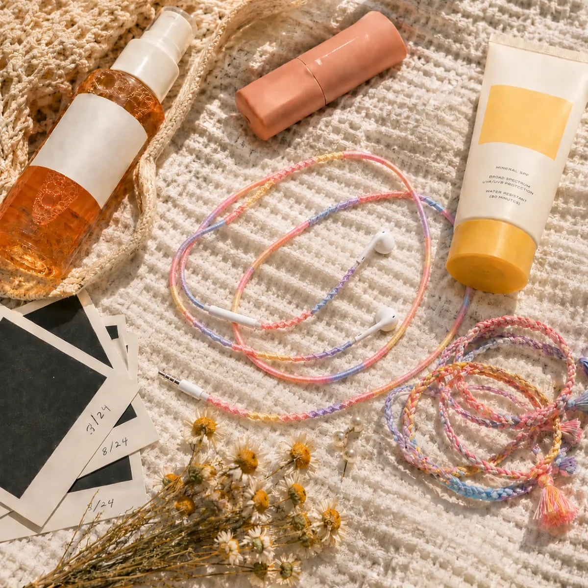  Pastel sunset earphone wrap in a summer essentials flat lay with body mist, mini lip case, Polaroids, friendship bracelets, and dried daisies 