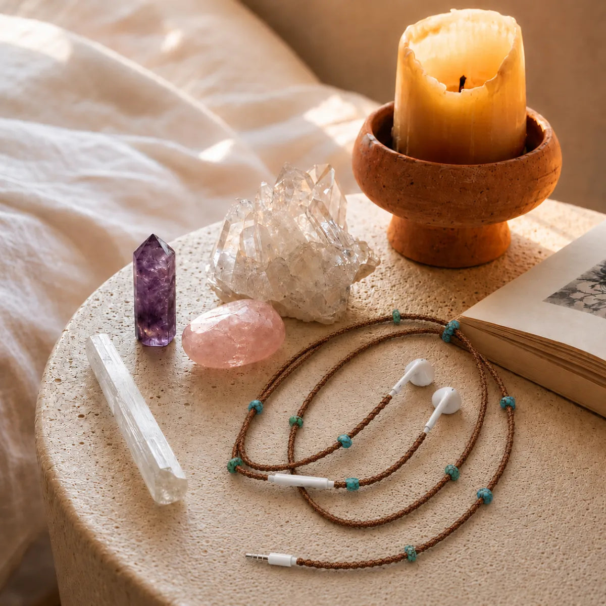  Boho earphone wrap with turquoise stones on a bedside table beside amethyst point, rose quartz, selenite, beeswax candle, and poetry book 