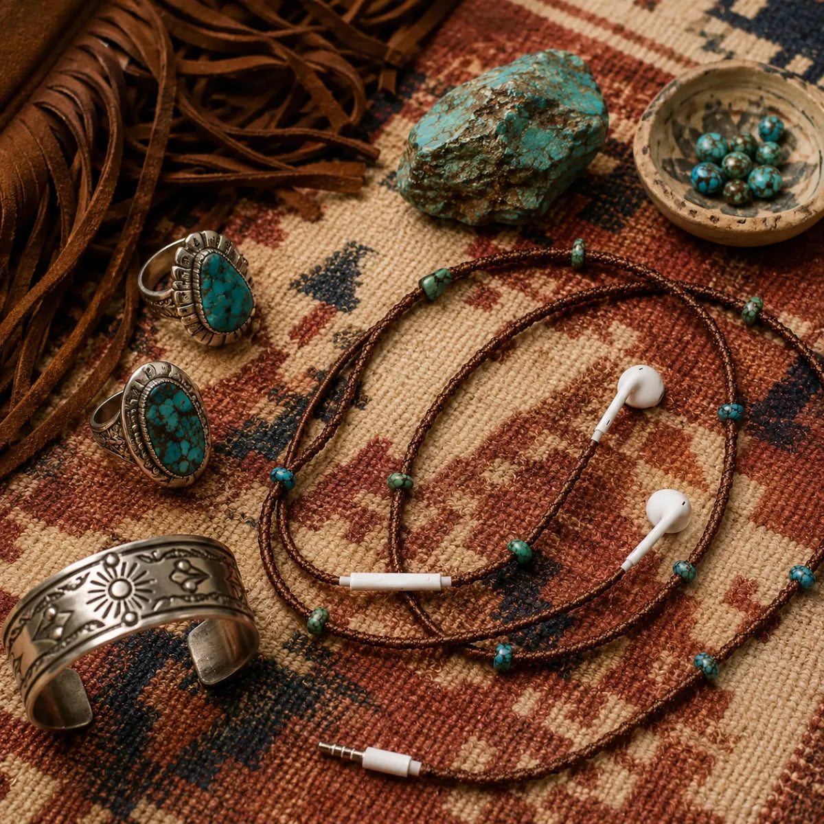  Brown macrame earphone wrap with turquoise stones arranged with Navajo silver rings, raw turquoise nugget, and suede fringe on a vintage Moroccan rug 