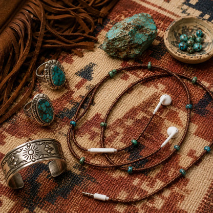  Brown macrame earphone wrap with turquoise stones arranged with Navajo silver rings, raw turquoise nugget, and suede fringe on a vintage Moroccan rug 