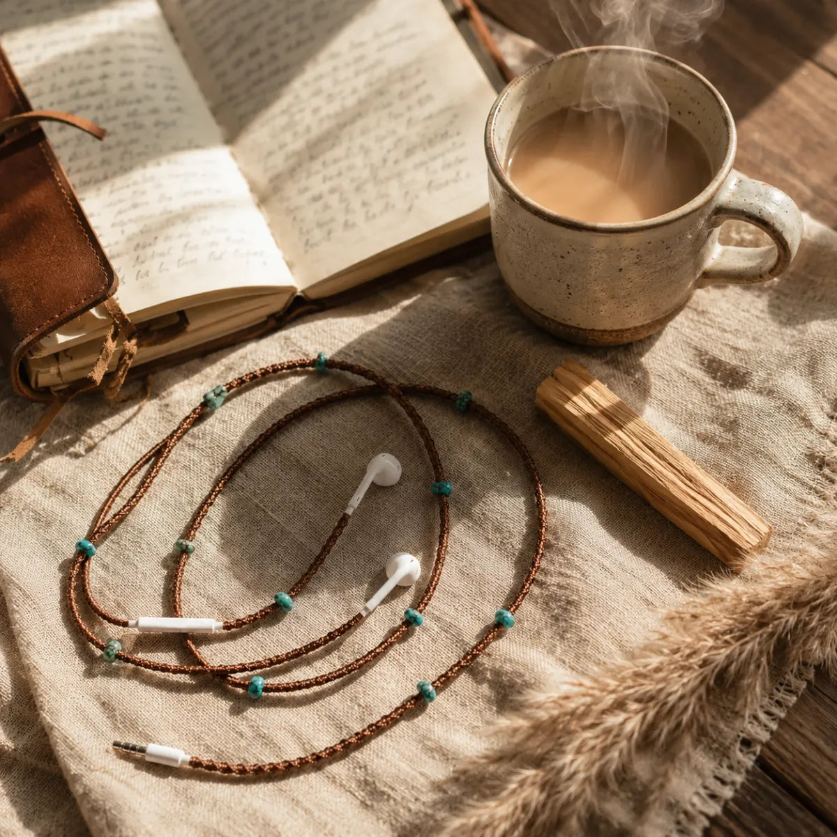  Turquoise macrame earphone wrap on oatmeal linen with palo santo stick, ceramic chai mug, handwritten journal, and pampas grass in soft morning light 