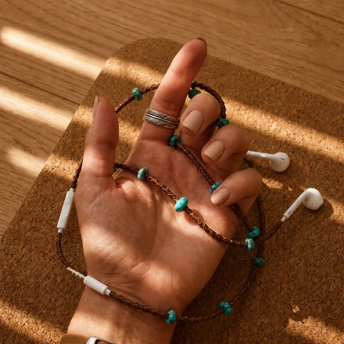  Woman's hand threading the turquoise macrame earphone wrap like mala prayer beads on a cork yoga mat with warm afternoon light stripes 