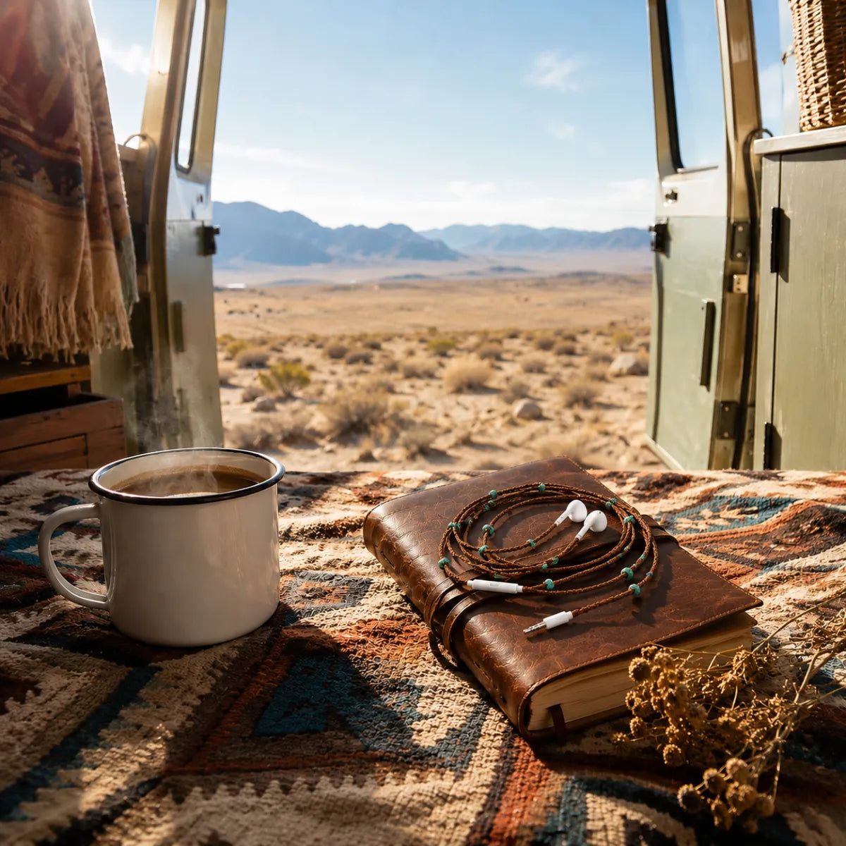  Turquoise macrame earphone wrap on a Pendleton blanket inside a vintage camper van with enamel coffee mug overlooking the open desert 
