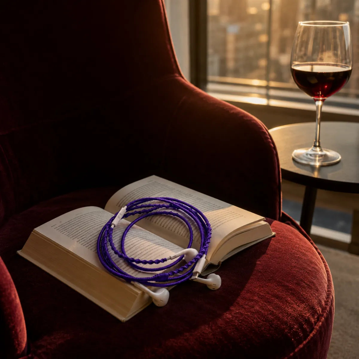  Violet earphone wrap draped over an open paperback novel on a deep burgundy velvet armchair beside a glass of red wine 